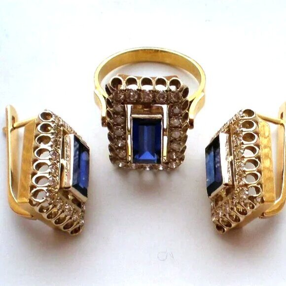 Russian USSR 18K 750 Yellow White Gold Diamond Sapphire Cluster Dangle Earrings - Picture 7 of 9